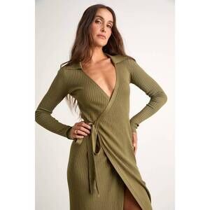 Lulus Neyla Olive Green Ribbed Sweater Wrap Midi Dress - Size XL